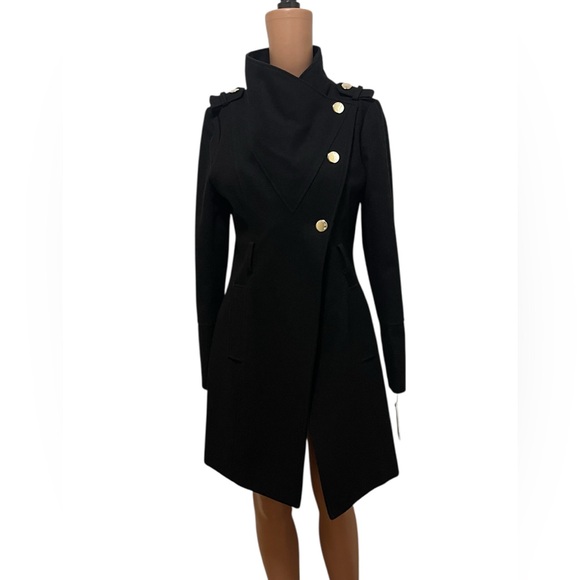 GUESS ASYMMETRICAL WOOL SKIRTED COAT WOMEN BLACK COLOR/GOLD SIZE SMALL (NO BELT) - Picture 1 of 16